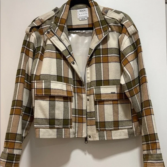 RVCA Women's Utility Jacket - Brown, Cream, and Green Plaid - Picture 1 of 7
